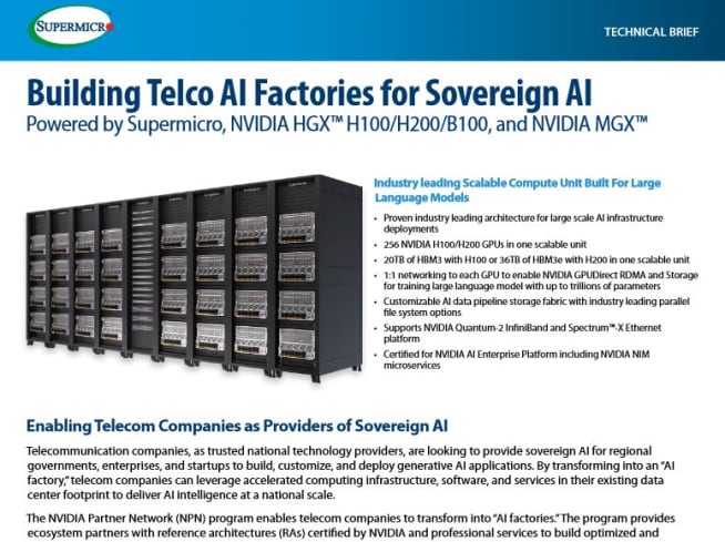 Thumbnail: Datasheet – Building Telco AI Factories for Sovereign AI Powered by Supermicro, NVIDIA HGX™ H100/H200/B100, and NVIDIA MGX™ 