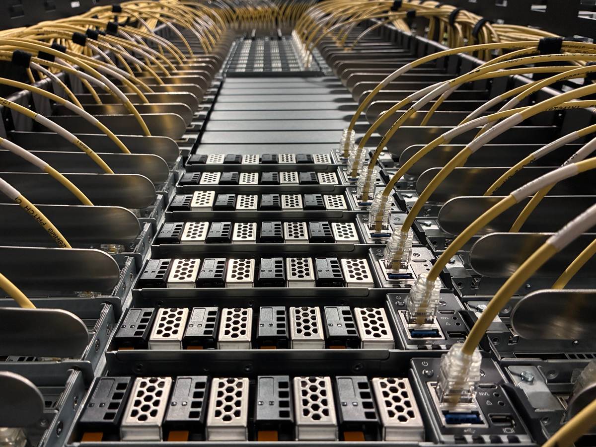Closeup of a Supermicro NVIDIA GB300 NVL72 Rack used in Verda’s AI Cloud infrastructure