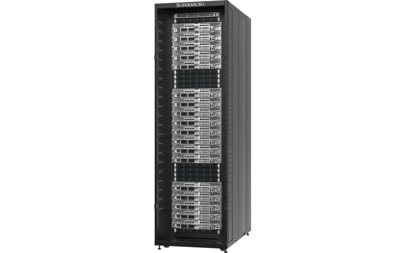 Single Supermicro rack with Liquid-Cooled 2-OU NVIDIA HGX™ B300 8-GPU systems