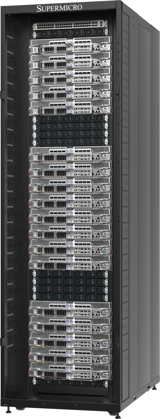Supermicro -Rack mit 18 flüssigkeitsgekühlten 2OU Front-I/O NVIDIA HGX B300 8-GPU-Systemen