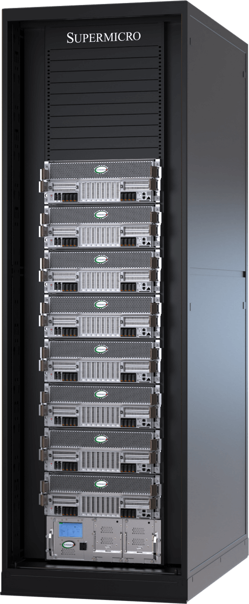 Supermicro 48U rack with 8 liquid-cooled 4U Front-IO NVIDIA HGX B200 8-GPU systems