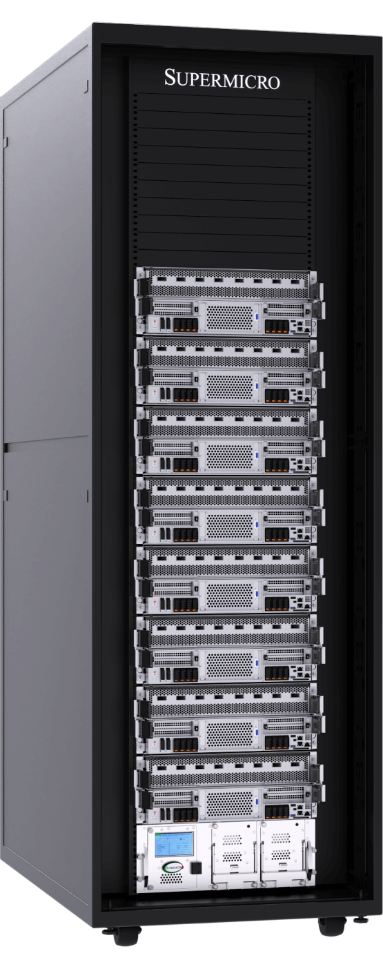 Supermicro 52U Rack mit 8 flüssigkeitsgekühlten 4U Front I/O NVIDIA HGX B300 8-GPU Systemen