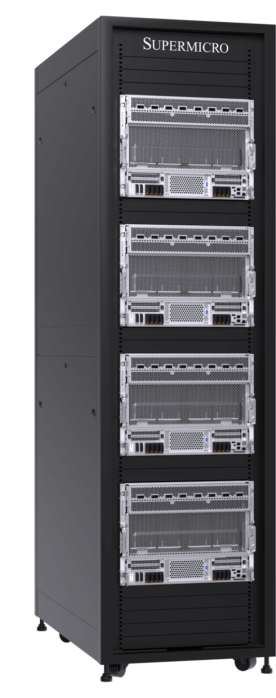 Supermicro 52U Rack mit 4 luftgekühlten 8U Front I/O NVIDIA HGX B300 8-GPU Systemen