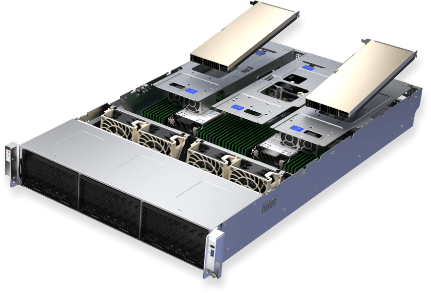 Supermicro 企业级数据中心系统 ARS-222GL-NR,侧视图(GPU 已拔出)