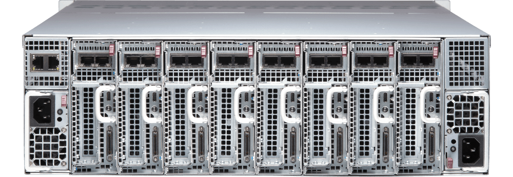 Supermicro A+ 3U 8-node MicroCloud System with single AMD EPYC™ 4005/4004 series processor per node (rear view)