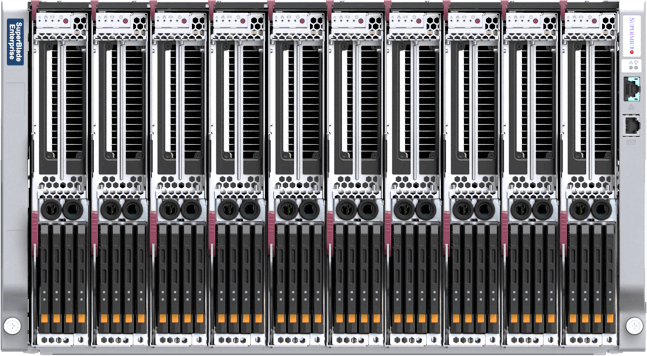 Supermicro 6U SuperBlade® enclosure populated with 10 full-height blades, front view
