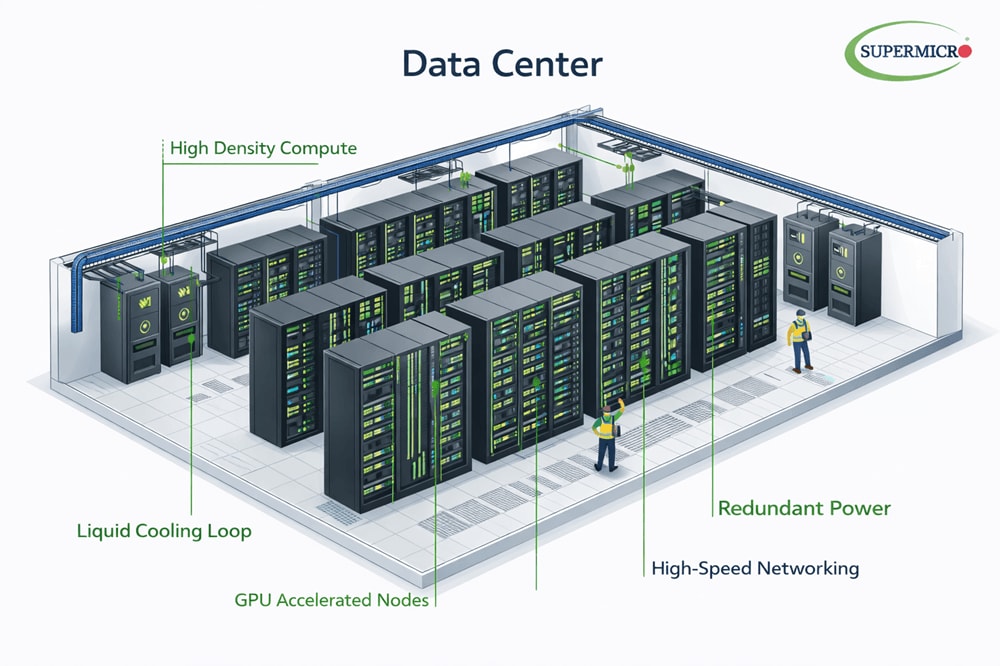 a diagram of a data center setup with servers by Supermicro