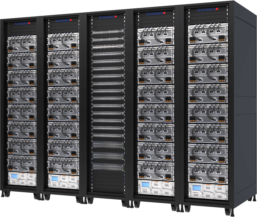 Group of 5 server racks, 4 with liquid-cooled 4U 8-GPU systems and 1 with networking