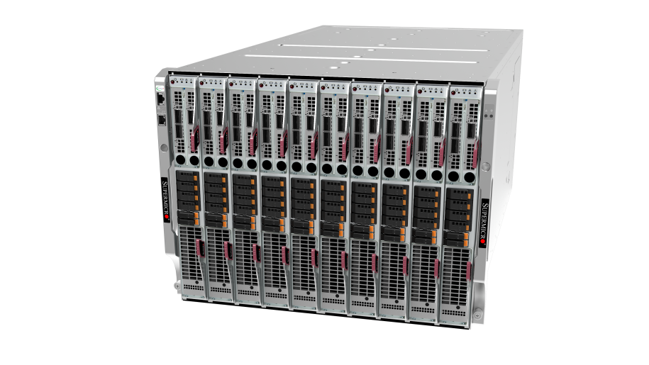 Supermicro 8U10N SuperBlade® with dual or single AMD EPYC™ 9006 Series CPU per blade (SBA-827V7-1N/SBA-817V7-1N)